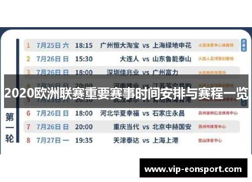 2020欧洲联赛重要赛事时间安排与赛程一览